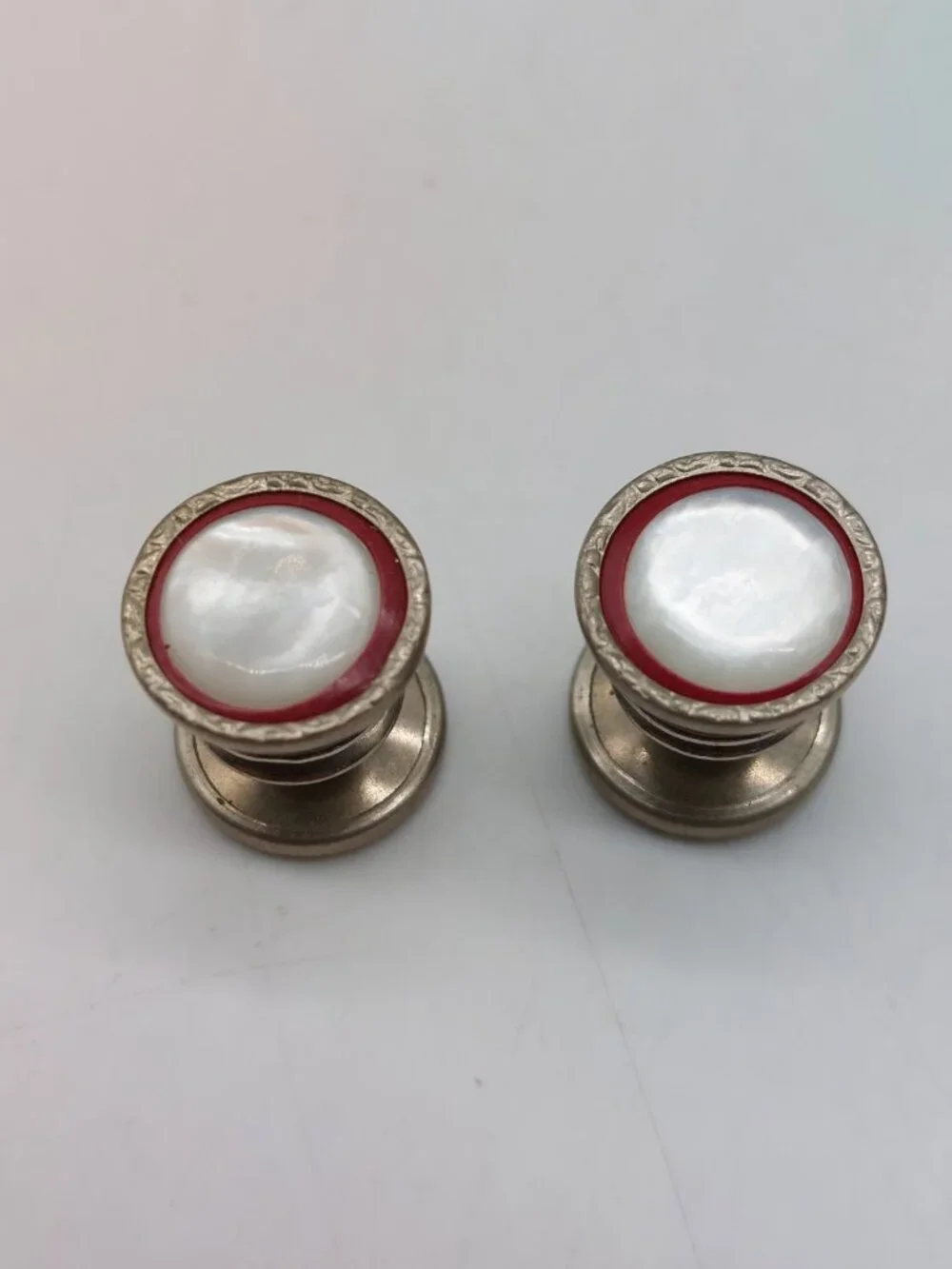 Men's Cufflinks Mother of Pearl Red Round Silver Tone .50